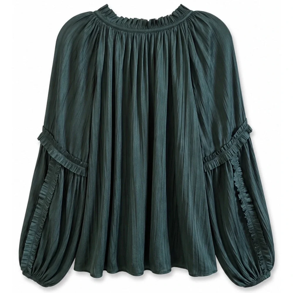 Roan + Ryan Dark Green Plissé Peasant Blouse Romantic Boho Fairy Core Top M - Picture 3 of 6